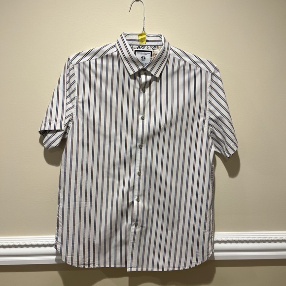 Mens White and blue/yellow striped short sleeve button up shirt - Picture 1 of 3